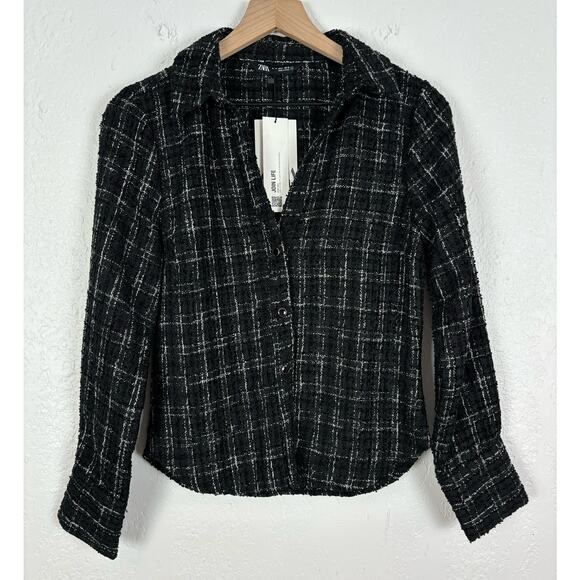 Zara Black Fitted Textured Tweed Check Shirt Jacket NWT Size Medium - Picture 2 of 5